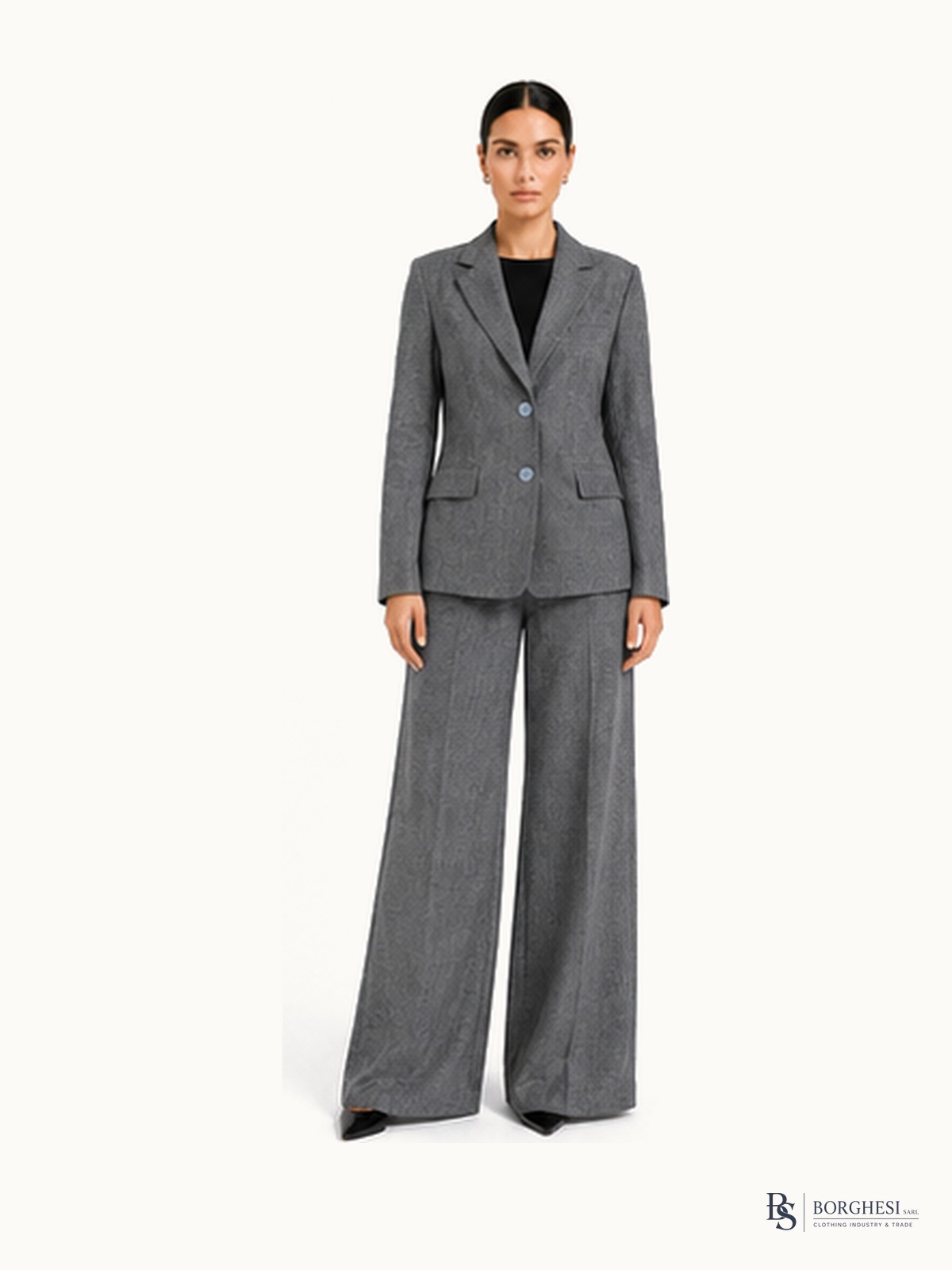 Borghesi SARL women's grey flannel notch-lapel suit worn by a model